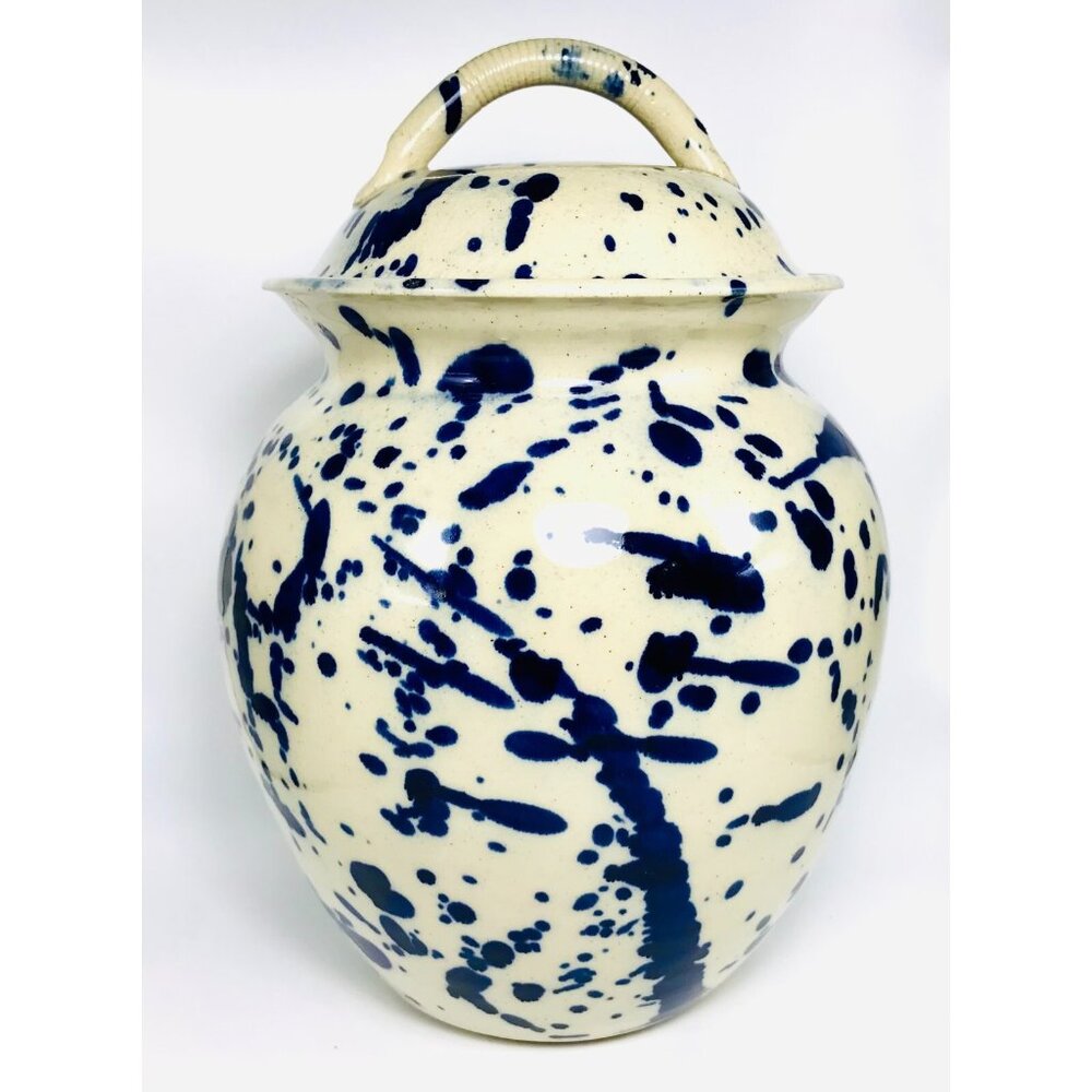 9" Studio Pottery Lidded Jar Cobalt Blue Spatter Glaze Mottled Abstract Signed
